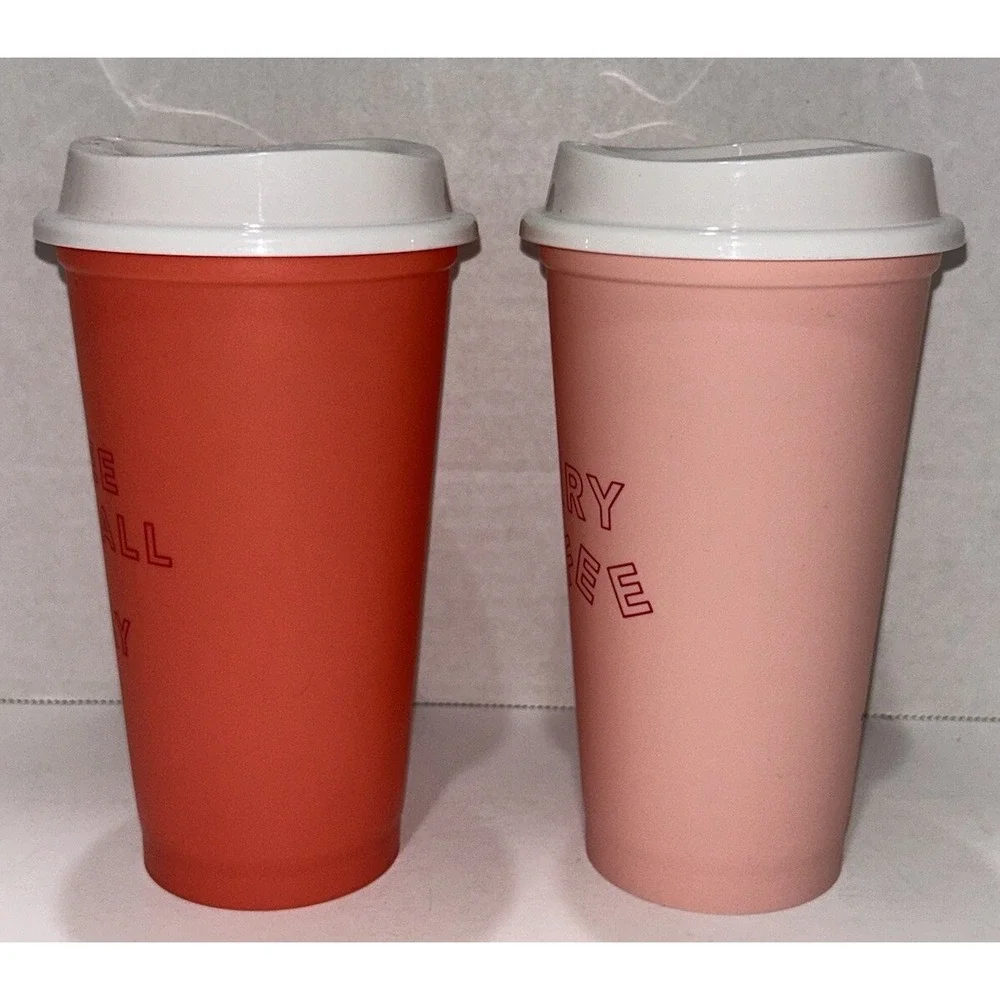 Starbucks Christmas Holiday Pink‎ Orange Hot Cold Plastic Coffee Cup 16 oz.